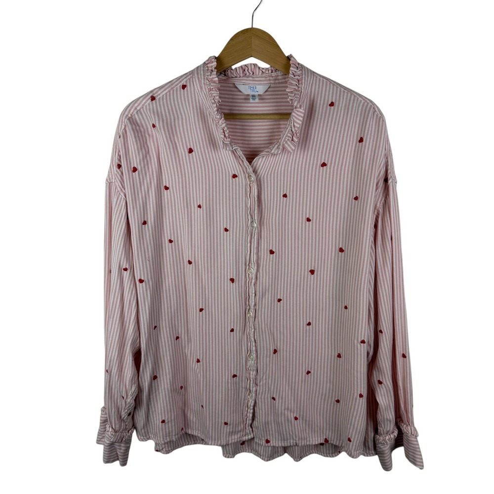 Time and Tru Pink Striped Embroidered Heart Button Front Shirt XXL Valentines